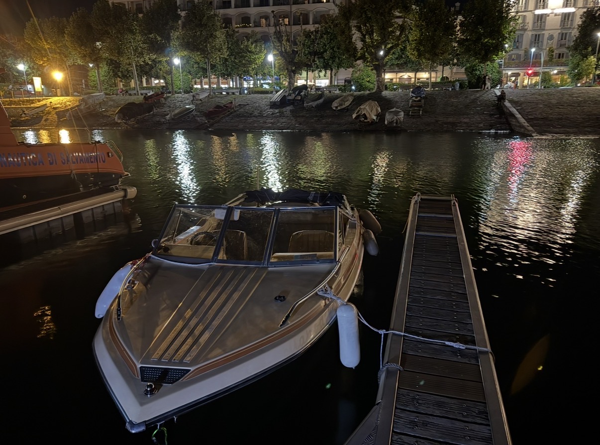 SSV-164 moored at night along the Stresa lakefront